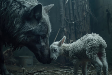Encounter Between Wolf and Lamb in Forest. Generative AI.の素材