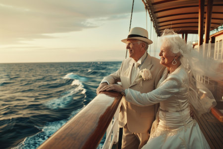 Elderly Couple on Boat in the Ocean. Generative AI.の素材