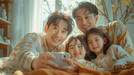 Man Taking Picture of Family With Cell Phone. Generative AI.の素材