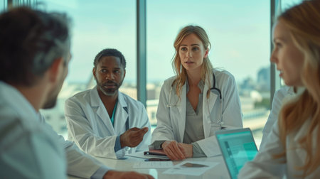 Group of Doctors Discussing Patient Cases at a Table. Generative AI.の素材