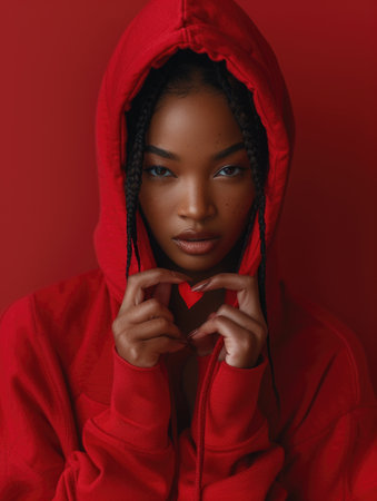 African American Woman in Red Hoodie Posing for Picture. Generative AI.の素材