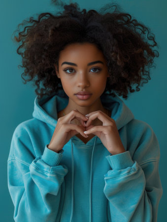 Woman With Curly Hair Wearing Blue Hoodie. Generative AI.の素材