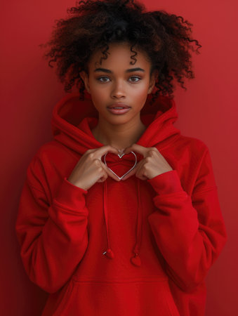 African American Woman in Red Hoodie Holding a Heart. Generative AI.の素材