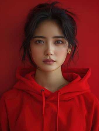 Asian Woman in Red Hoodie Standing Against Red Wall. Generative AI.の素材