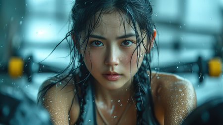 Woman With Wet Hair Sitting in the Rain. Generative AI.の素材