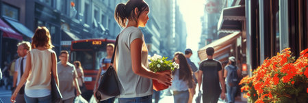 Group of People Walking Next to Tall Buildings on a City Street. Generative AI.の素材