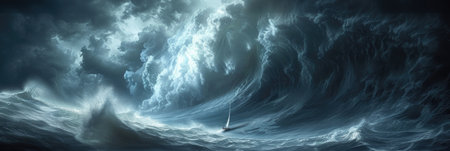 A Painting of a Boat Battling a Giant Wave. Generative AI.の素材