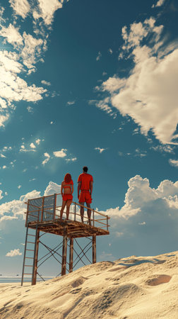 Two People Standing on Wooden Platform in the Sand. Generative AI.の素材