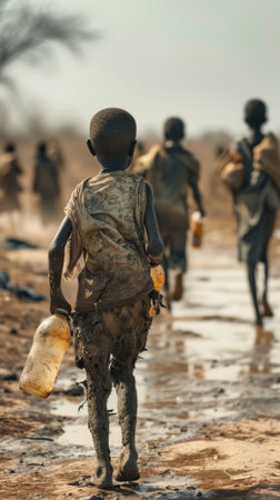 Group of People Walking Down a Muddy Road. Generative AI.の素材