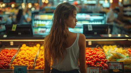 Woman Standing in Front of Fruit Display. Generative AI.の素材
