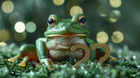 A vibrant green tree frog is captured sitting calmly on a twig against a backdrop of softly glowing bokeh lights, creating a whimsical and festive atmosphereの素材