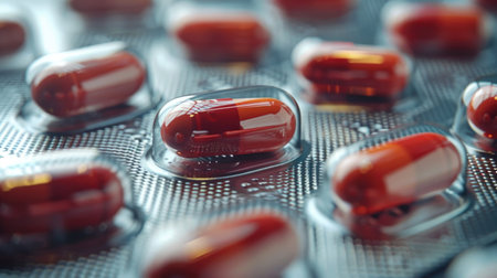 Close Up of Multiple Red Pills on Table. Generative AI.の素材