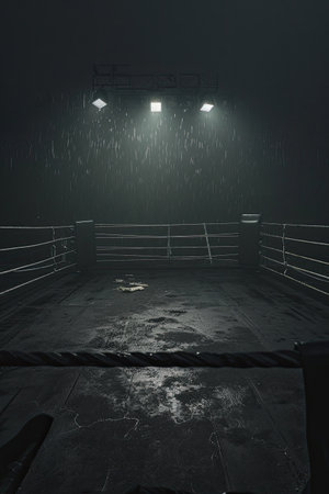 Dark Boxing Ring Illuminated by a Single Light. Generative AI.の素材