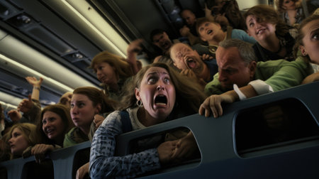 Group of People on a Train With Open Mouths. Generative AI.の素材