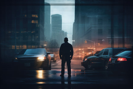 Man Standing in Middle of Night Street. Generative AI.の素材