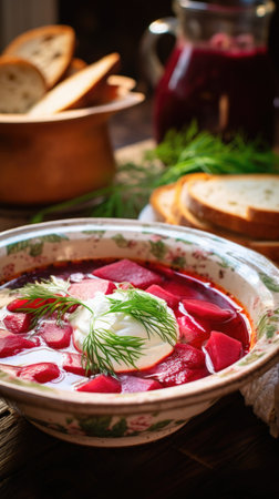 Bowl of Soup on Table With Bread in Background. Generative AI.の素材