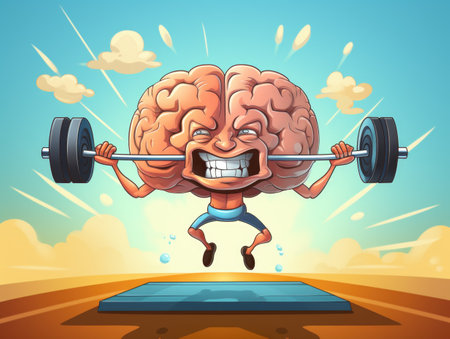 Cartoon Brain Lifting Barbell - Mental Fitness and Exercise. Generative AI.の素材
