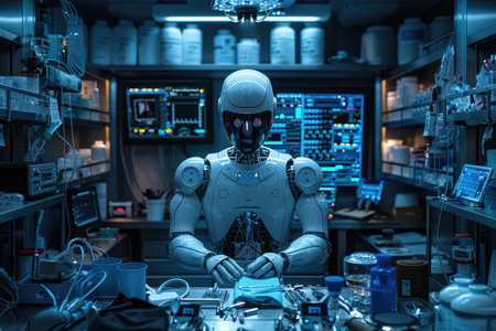 Robot Sitting in Room of Electronic Equipment. Generative AIの素材
