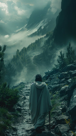 Man Walking Up Hill. Generative AIの素材