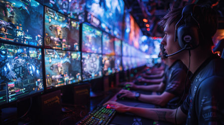 Man Sitting in Front of Row of Computer Monitorsの素材
