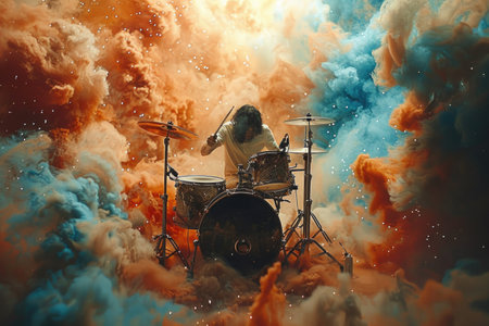 A man skillfully playing a drum kit set against a backdrop of fluffy clouds, creating a unique and vibrant scene.の素材