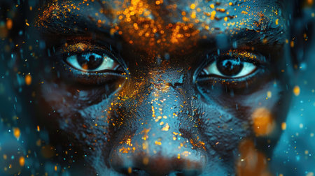 Close-up portrait of a man with his face covered in vibrant yellow and blue paint.の素材