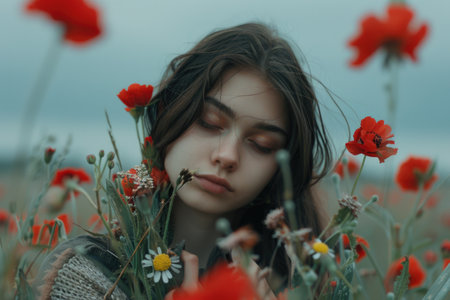 A woman, eyes closed, stands amongst red flowers in a field.の素材