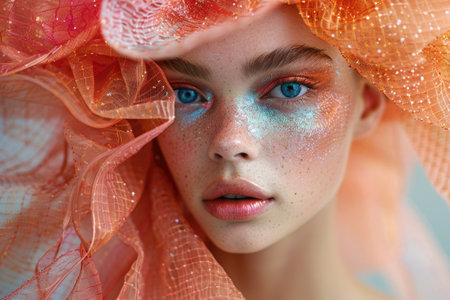 A close-up portrait of a model with striking blue eyes and vibrant orange hair.の素材