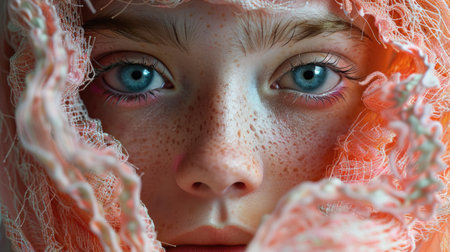 A close-up portrait of a woman with freckled hair and striking blue eyes.の素材