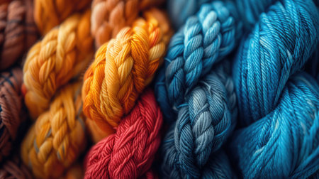 A vividly colored selection of threaded yarns, showcasing a variety of textures.の素材
