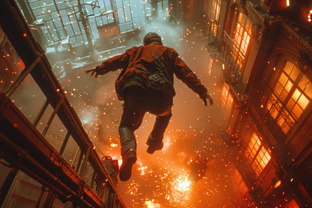 A man is flying through the air above a blazing fire in this intense scene.の素材