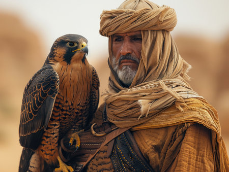 A man stands with a falcon perched on his arm in this falconry scene.の素材