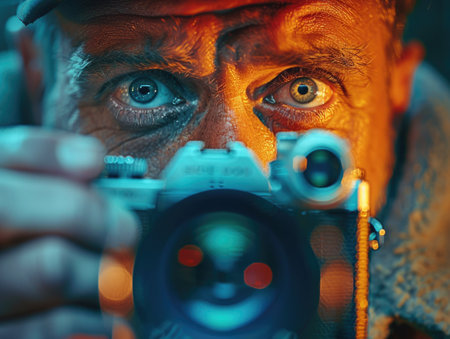 A man holding a camera up to his face, preparing to take a photograph.の素材