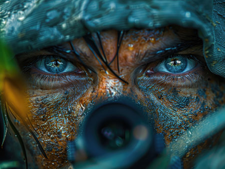 A detailed view of a persons face, focusing on their striking blue eyes.の素材