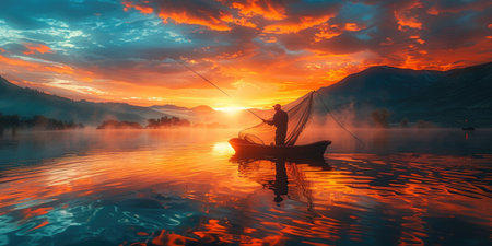 A man is fishing from a small boat on a calm lake as the sun sets in the background.の素材