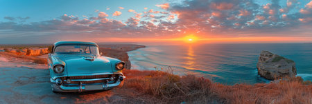 A vintage car parked on the side of a coastal road with the ocean in the background.の素材