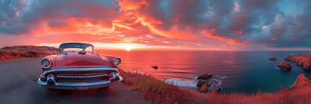 A classic car parked along the ocean side road against a picturesque backdrop of the sea.の素材