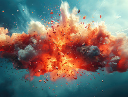 A dynamic scene capturing a large explosion of red and white clouds with intense force and energy.の素材