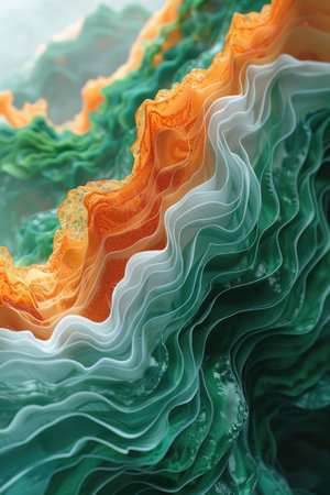Detailed close-up of a wave with green and orange hues crashing in ultra-realistic 3D illustration.の素材