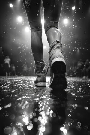 A person stands on a slippery wet floor, posing potential danger.の素材