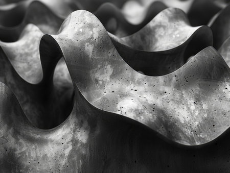 Close-up of a black and white wavy metal surface, showcasing intricate patterns and textures.の素材