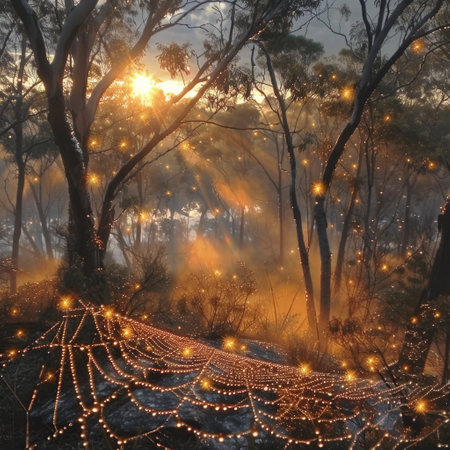 A large spider web intricately woven in the middle of a forest, catching the sunlight filtering through the trees.の素材