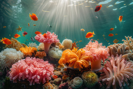A deep-sea view of vibrant corals and delicate sea anemones thriving in their underwater habitat.の素材
