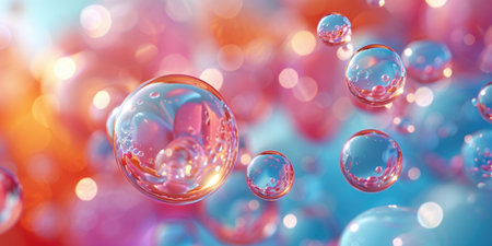 Multiple soap bubbles floating in mid-air against a clear sky background.の素材