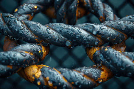Close-up view of a chain link covered in droplets of water, showcasing a detailed texture and reflections.の素材