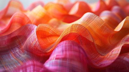 Detailed close-up of a vibrant pink and orange fabric texture.の素材