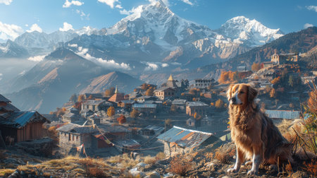 A dog sits atop a mountain, overlooking a village below.の素材