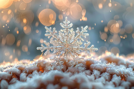 A snowflake delicately rests on the snow-covered ground, showcasing its intricate beauty.の素材