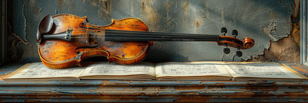 A violin is perched on top of an open book, creating a harmonious display of music and literature.の素材