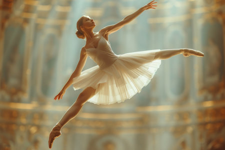 A woman in a white dress gracefully executes a ballet trick with precision and skill.の素材